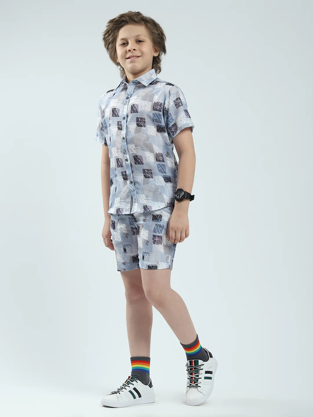 Boys Blue Printed Collar Half Sleeve Bermuda Set - Image 3