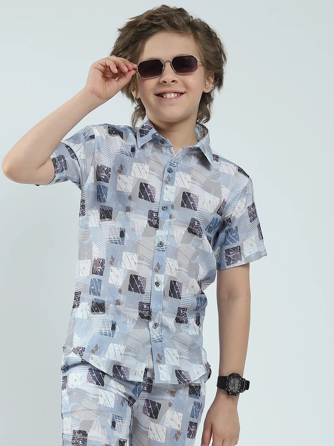 Boys Blue Printed Collar Half Sleeve Bermuda Set - Image 6