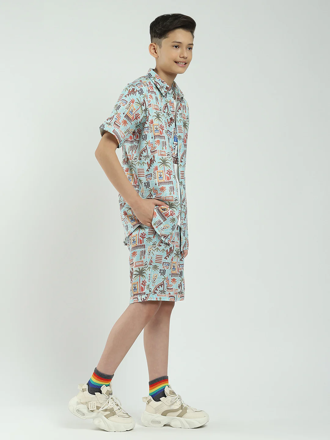 Boys Blue Printed Collar Half Sleeve Cords Set - Image 4