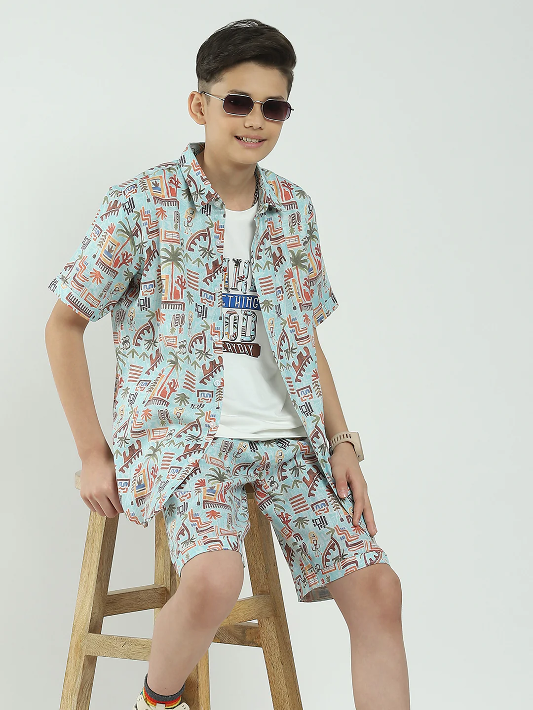 Boys Blue Printed Collar Half Sleeve Cords Set - Image 6