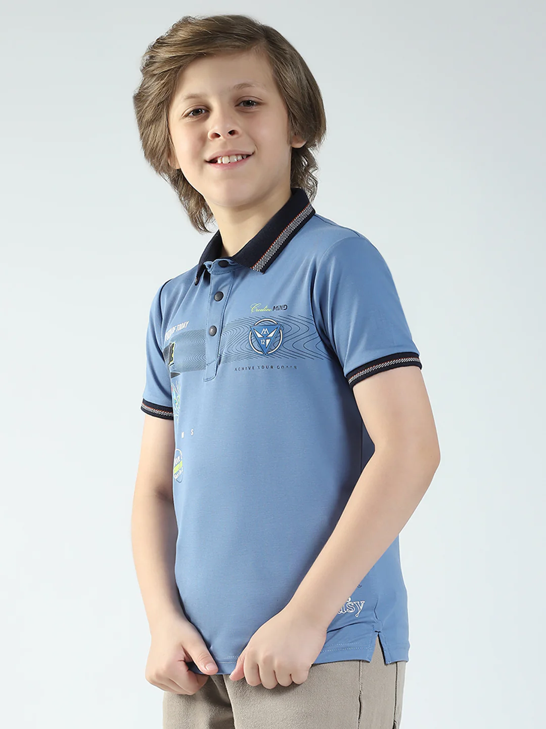 Boys Blue Printed Collar Half Sleeve T-Shirt - Image 3