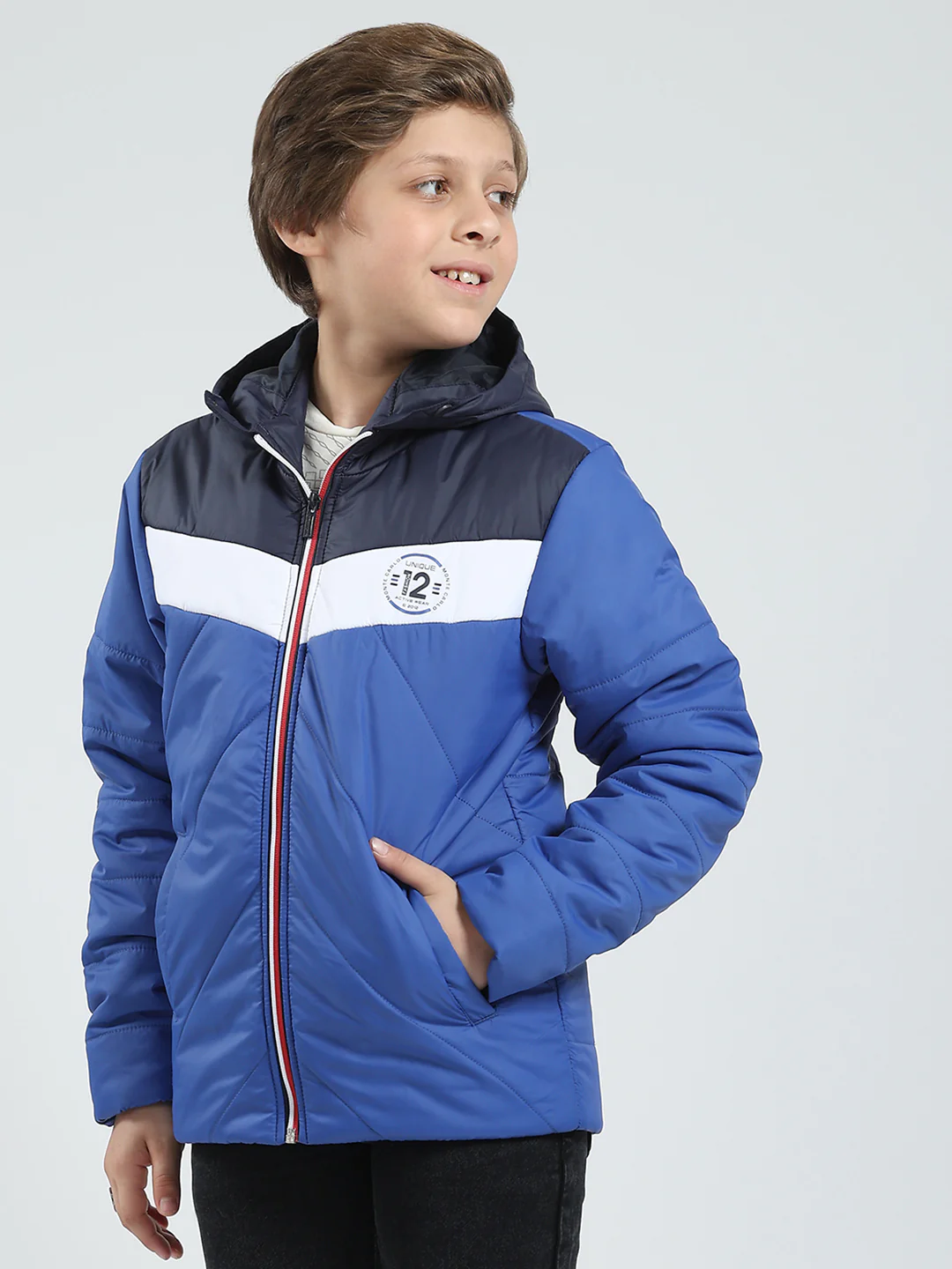 Boys Blue Printed Hooded Full Sleeve Jacket - Image 3