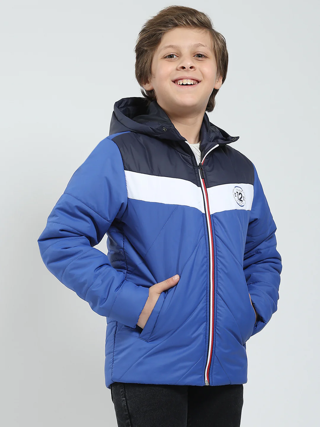 Boys Blue Printed Hooded Full Sleeve Jacket - Image 4