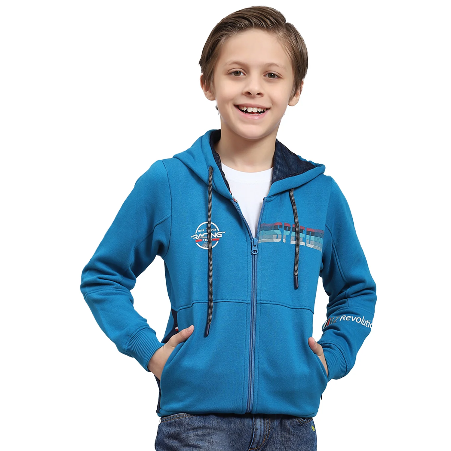 Boys Blue Printed Hooded Full Sleeve Sweatshirt - Image 5
