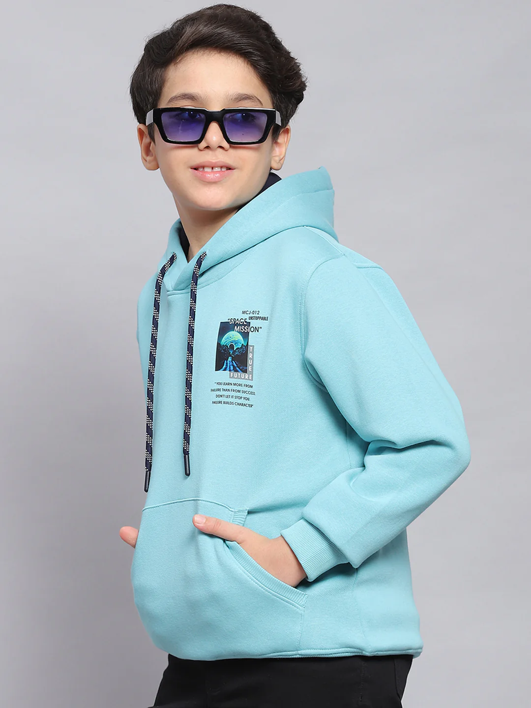 Boys Blue Printed Hooded Full Sleeve Sweatshirt - Image 3