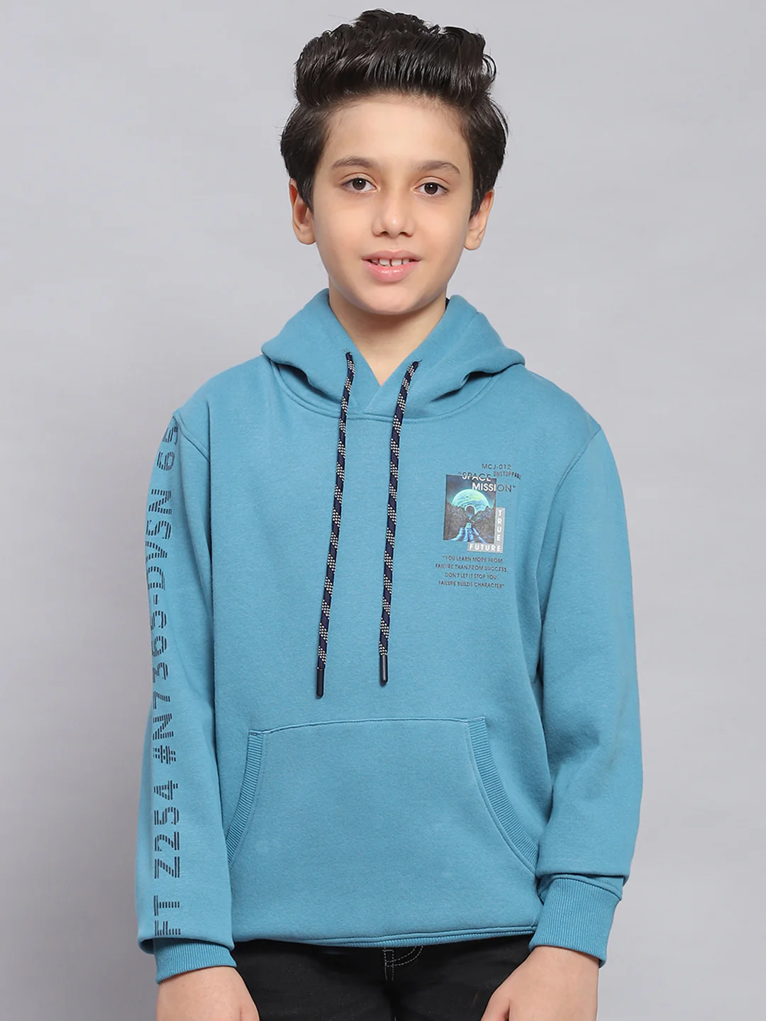 Boys Blue Printed Hooded Full Sleeve Sweatshirt - Image 3