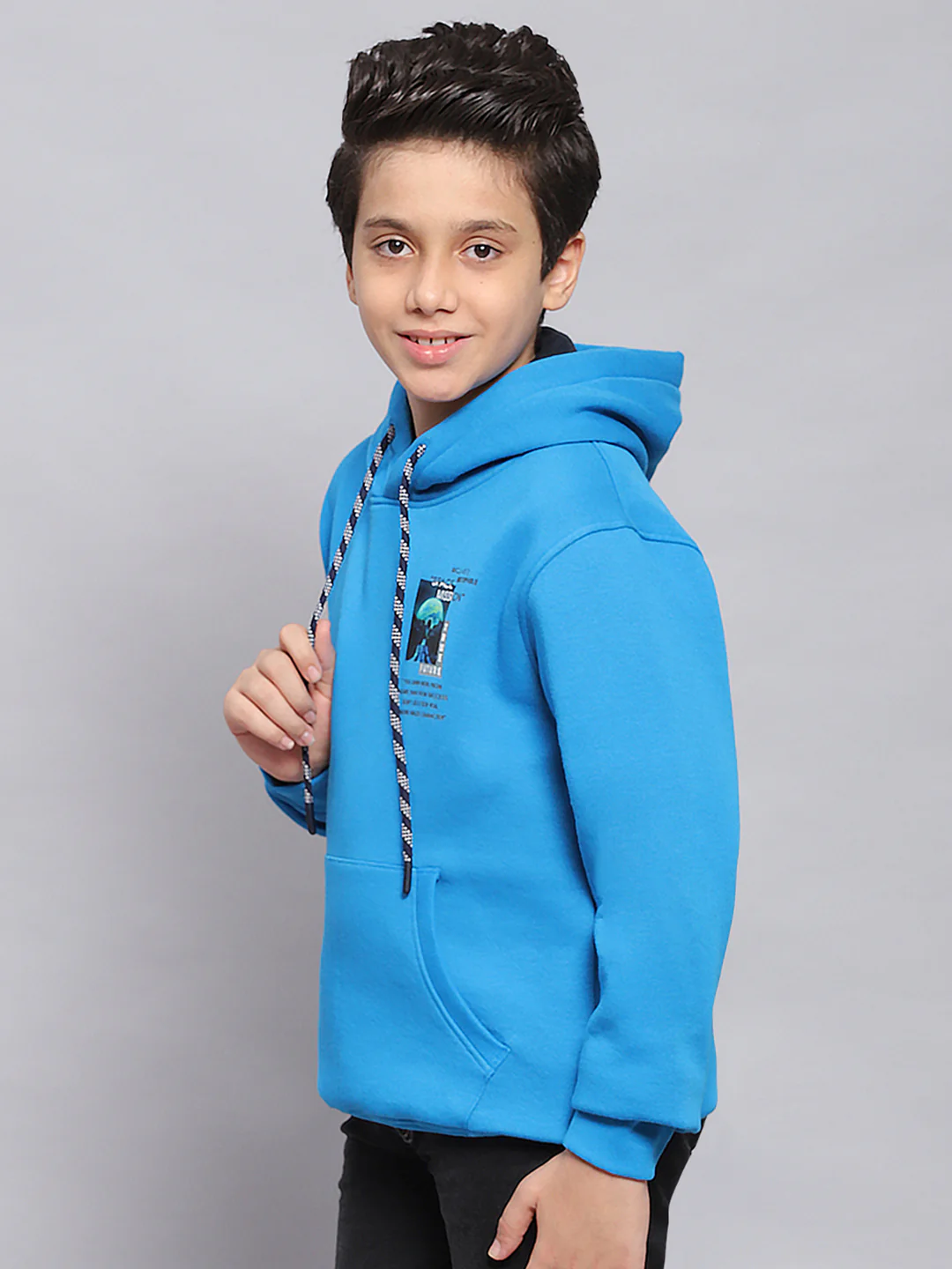Boys Blue Printed Hooded Full Sleeve Sweatshirt - Image 3