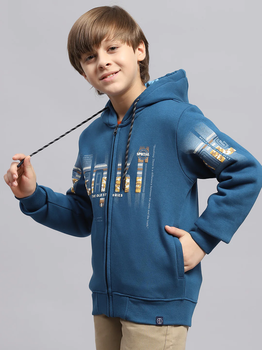 Boys Blue Printed Hooded Full Sleeve Sweatshirt - Image 3