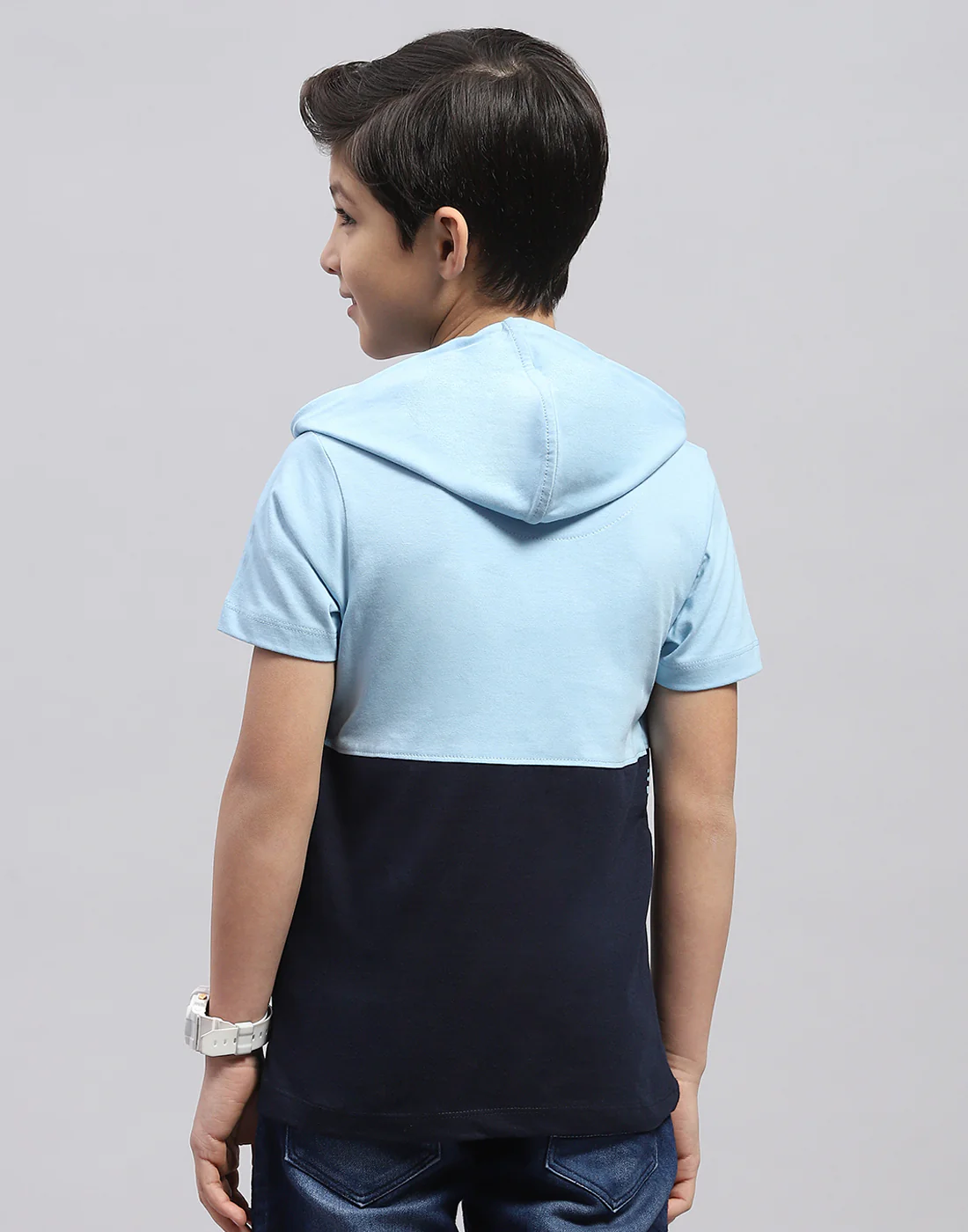 Boys Blue Printed Hooded Half Sleeve T-Shirt - Image 5