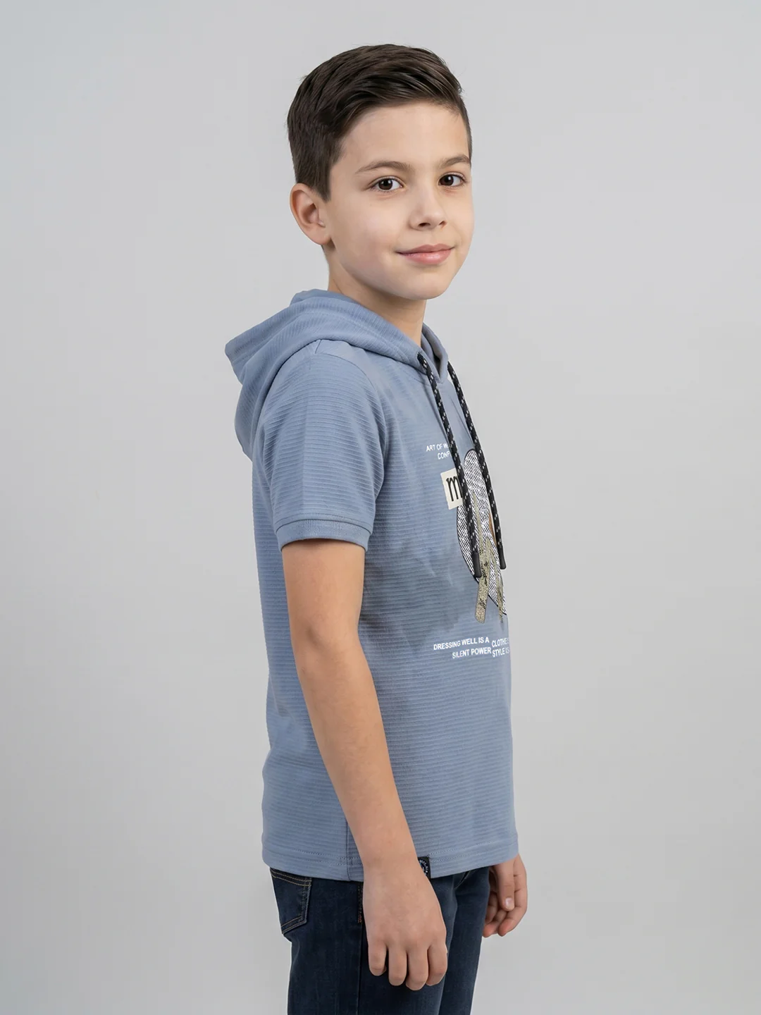 Boys Blue Printed Hooded Half Sleeve T-Shirt - Image 2
