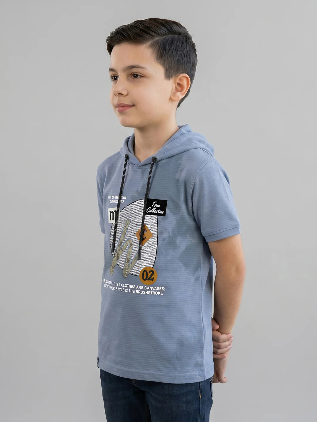 Boys Blue Printed Hooded Half Sleeve T-Shirt - Image 3