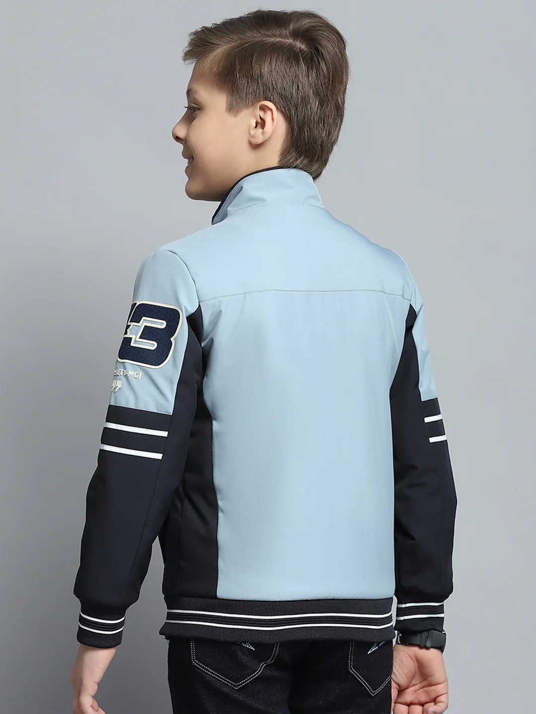 Boys Blue Printed Mock Neck Full Sleeve Jacket - Image 5