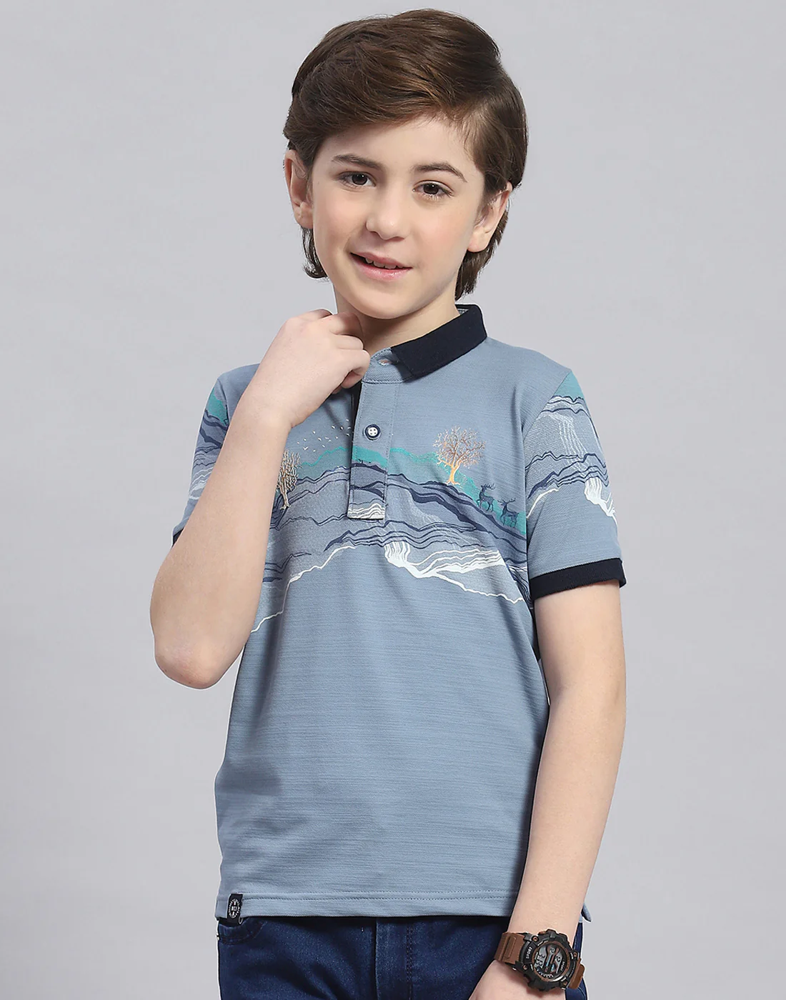 Boys Blue Printed Polo Collar Half Sleeve T-Shirt - Image 2