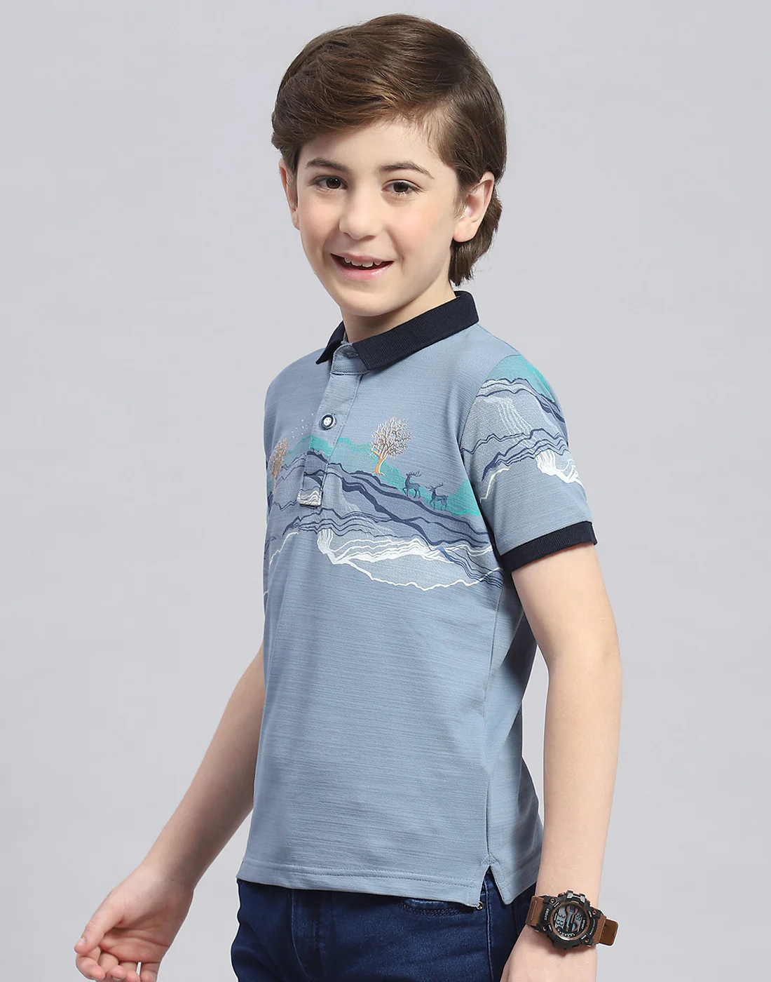 Boys Blue Printed Polo Collar Half Sleeve T-Shirt - Image 3