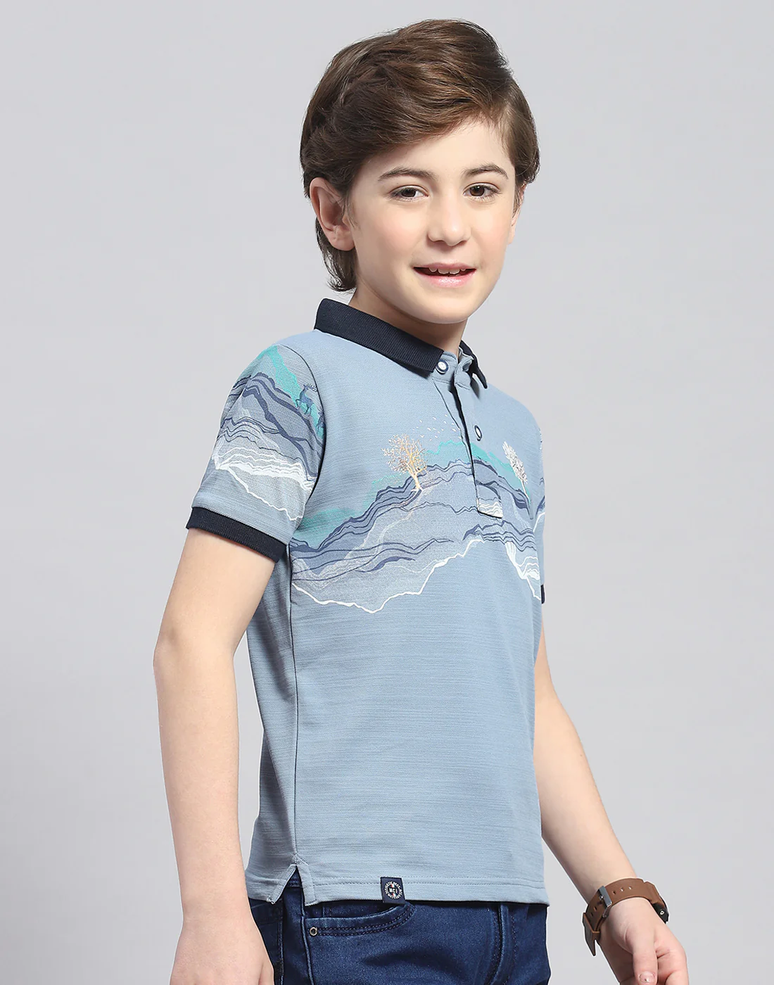 Boys Blue Printed Polo Collar Half Sleeve T-Shirt - Image 4