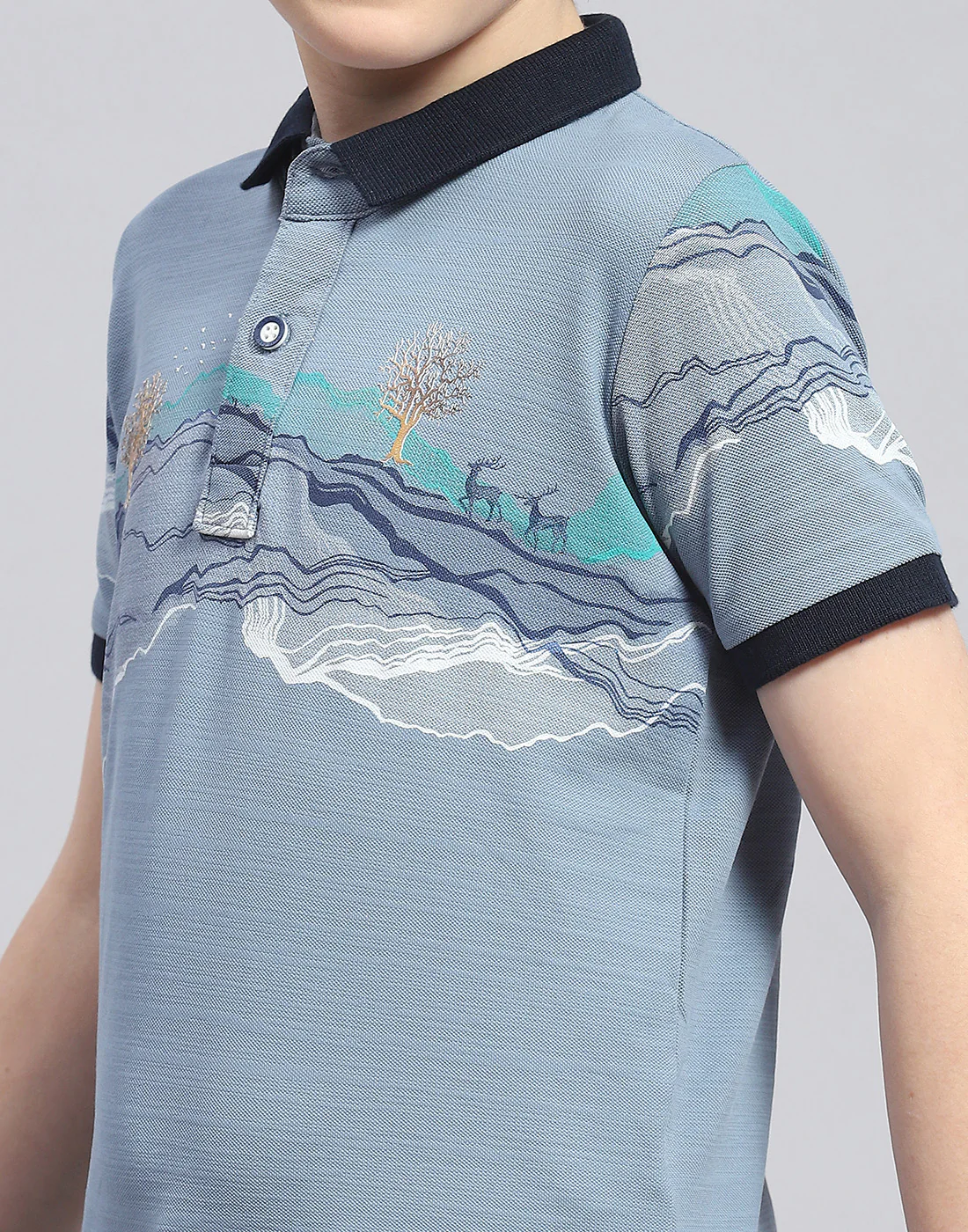 Boys Blue Printed Polo Collar Half Sleeve T-Shirt - Image 6