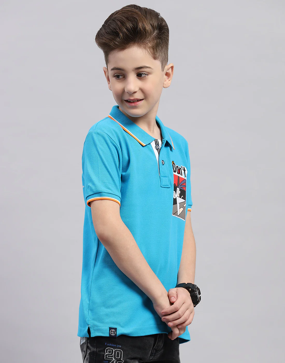 Boys Blue Printed Polo Collar Half Sleeve T-Shirt - Image 5