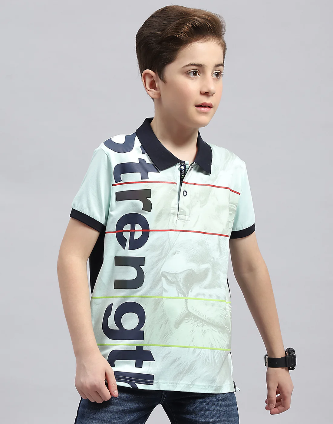 Boys Blue Printed Polo Collar Half Sleeve T-Shirt - Image 2