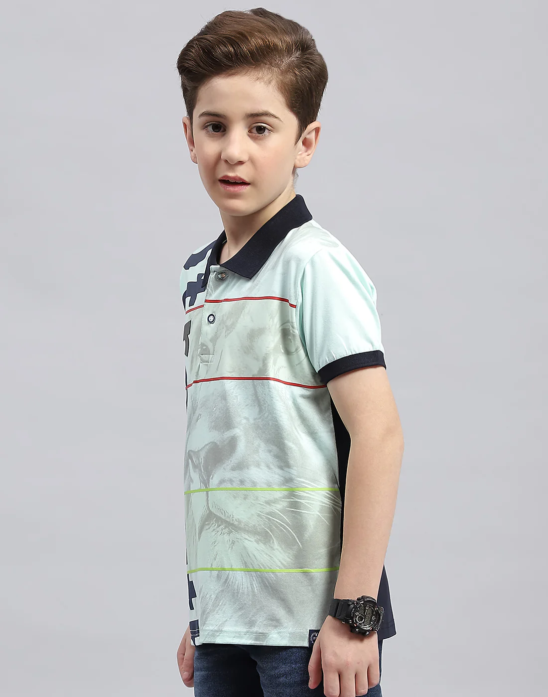 Boys Blue Printed Polo Collar Half Sleeve T-Shirt - Image 3