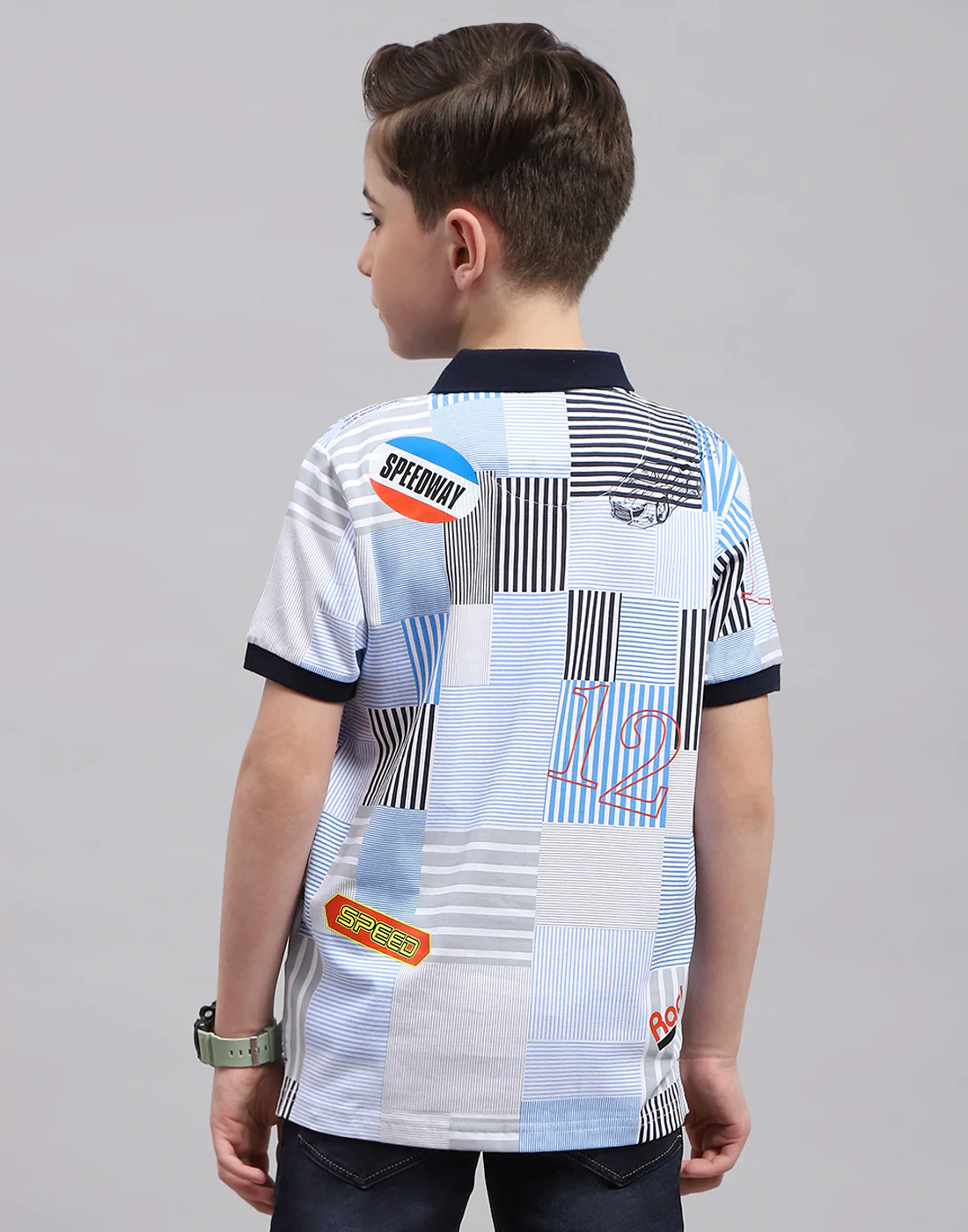 Boys Blue Printed Polo Collar Half Sleeve T-Shirt - Image 5