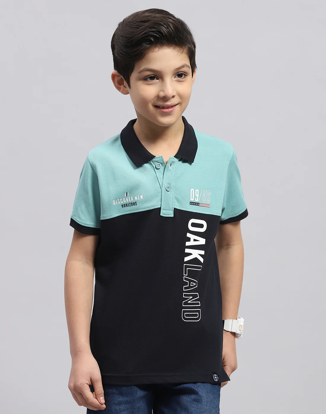 Boys Blue Printed Polo Collar Half Sleeve T-Shirt - Image 2