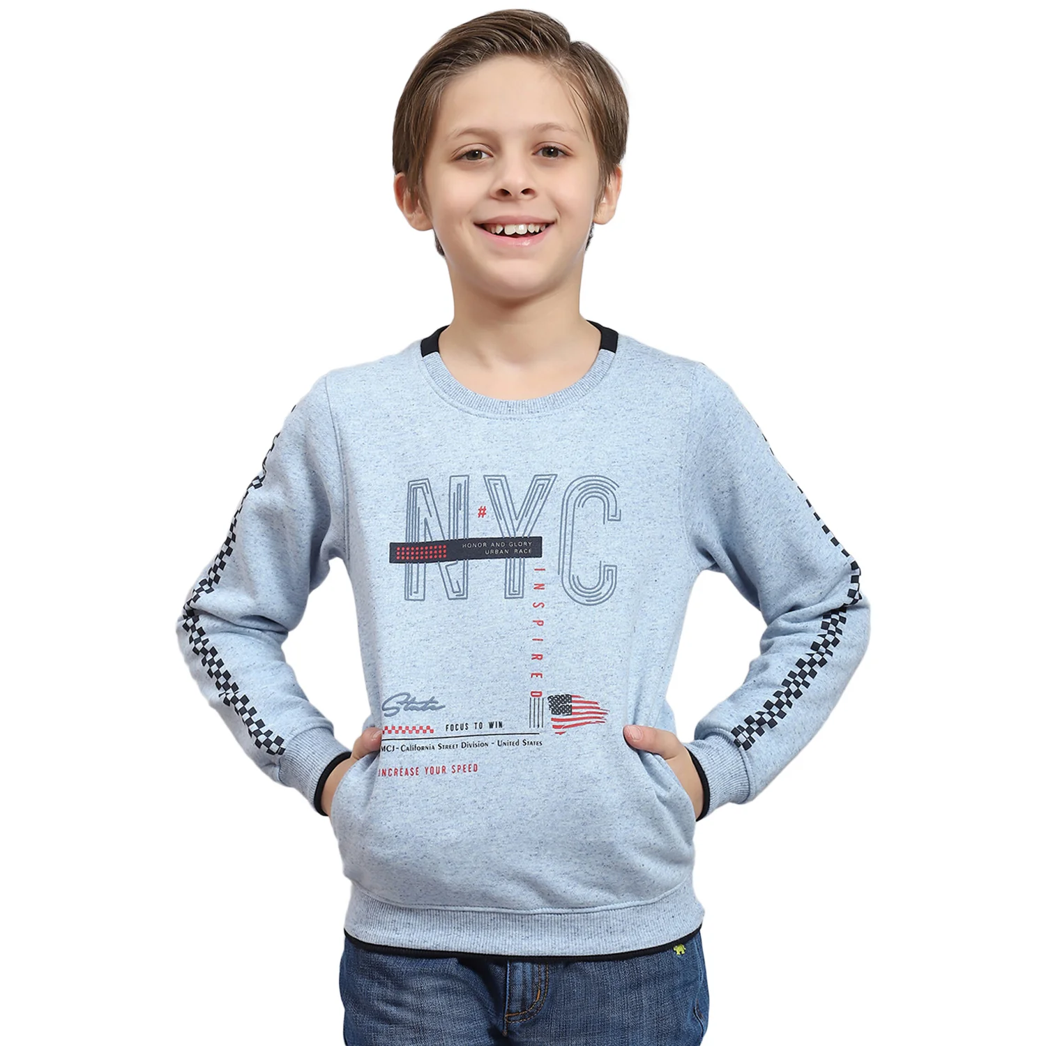 Boys Blue Printed Round Neck Full Sleeve Sweatshirt - Image 5