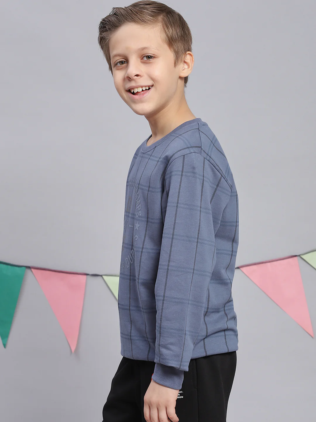 Boys Blue Printed Round Neck Full Sleeve Sweatshirt - Image 3