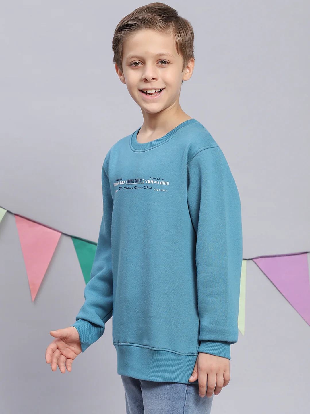 Boys Blue Printed Round Neck Full Sleeve Sweatshirt - Image 4