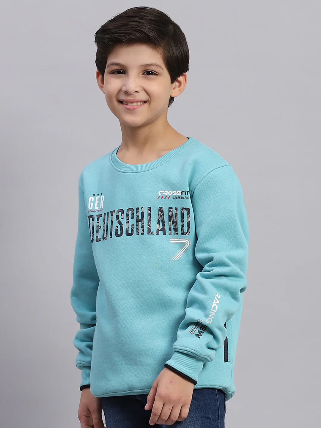 Boys Blue Printed Round Neck Full Sleeve Sweatshirt - Image 3