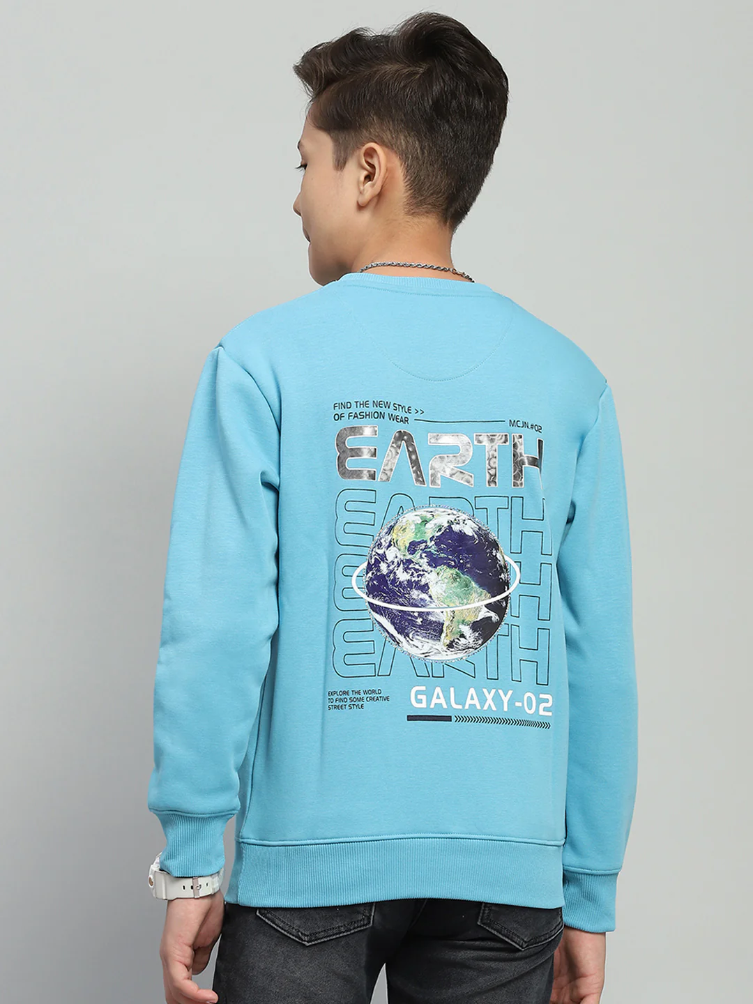 Boys Blue Printed Round Neck Full Sleeve Sweatshirt - Image 5