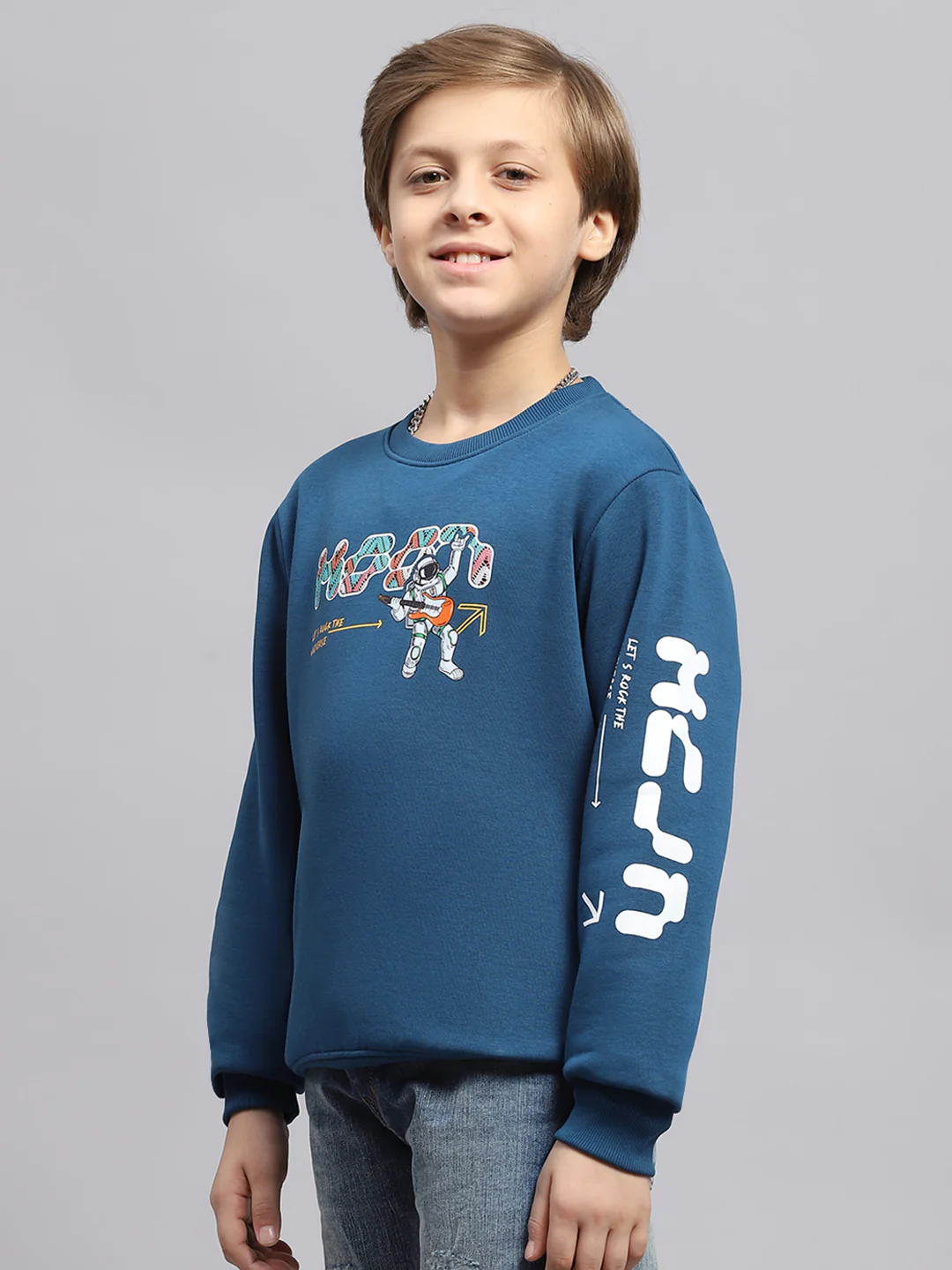 Boys Blue Printed Round Neck Full Sleeve Sweatshirt - Image 3