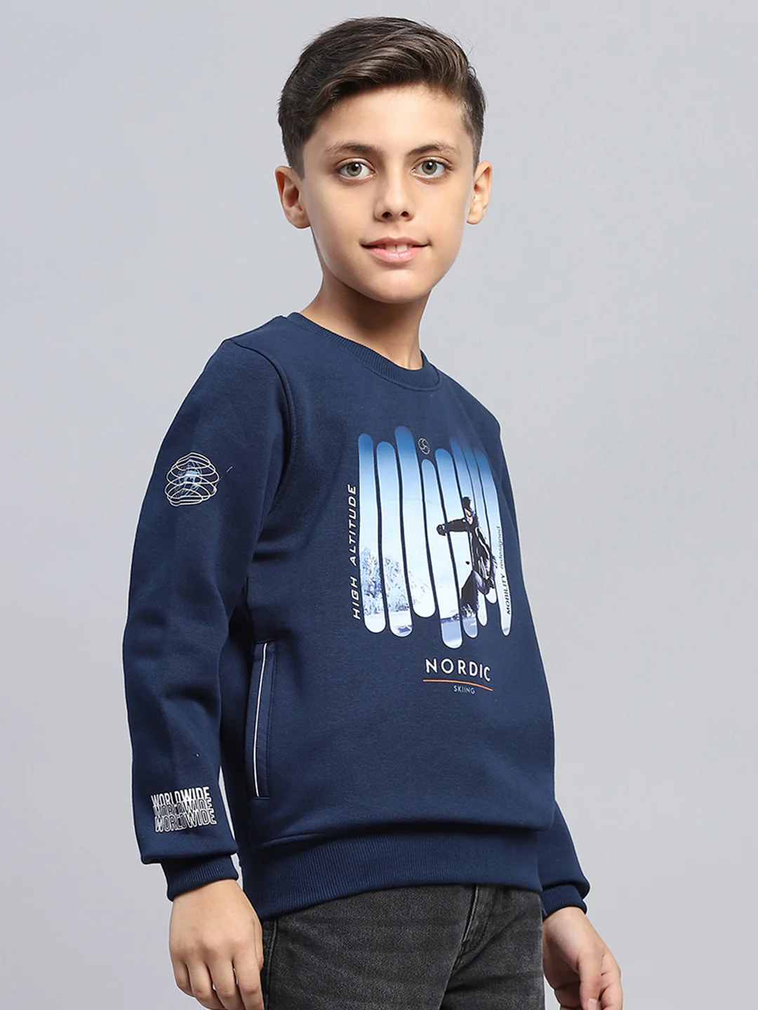 Boys Blue Printed Round Neck Full Sleeve Sweatshirt - Image 4