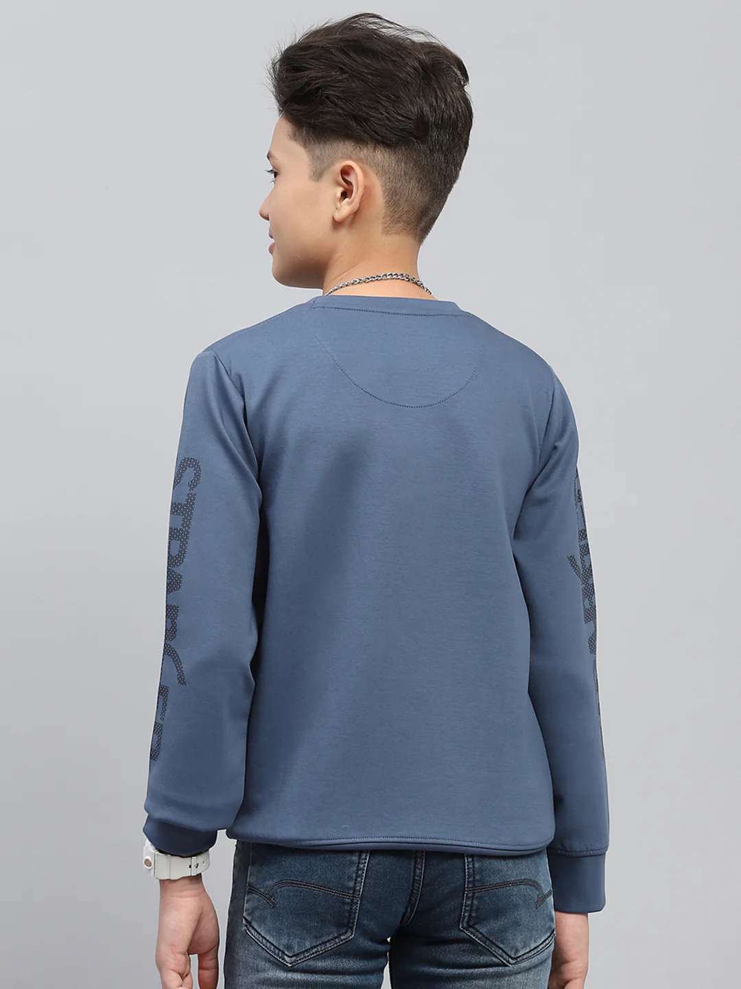 Boys Blue Printed Round Neck Full Sleeve Sweatshirt - Image 5