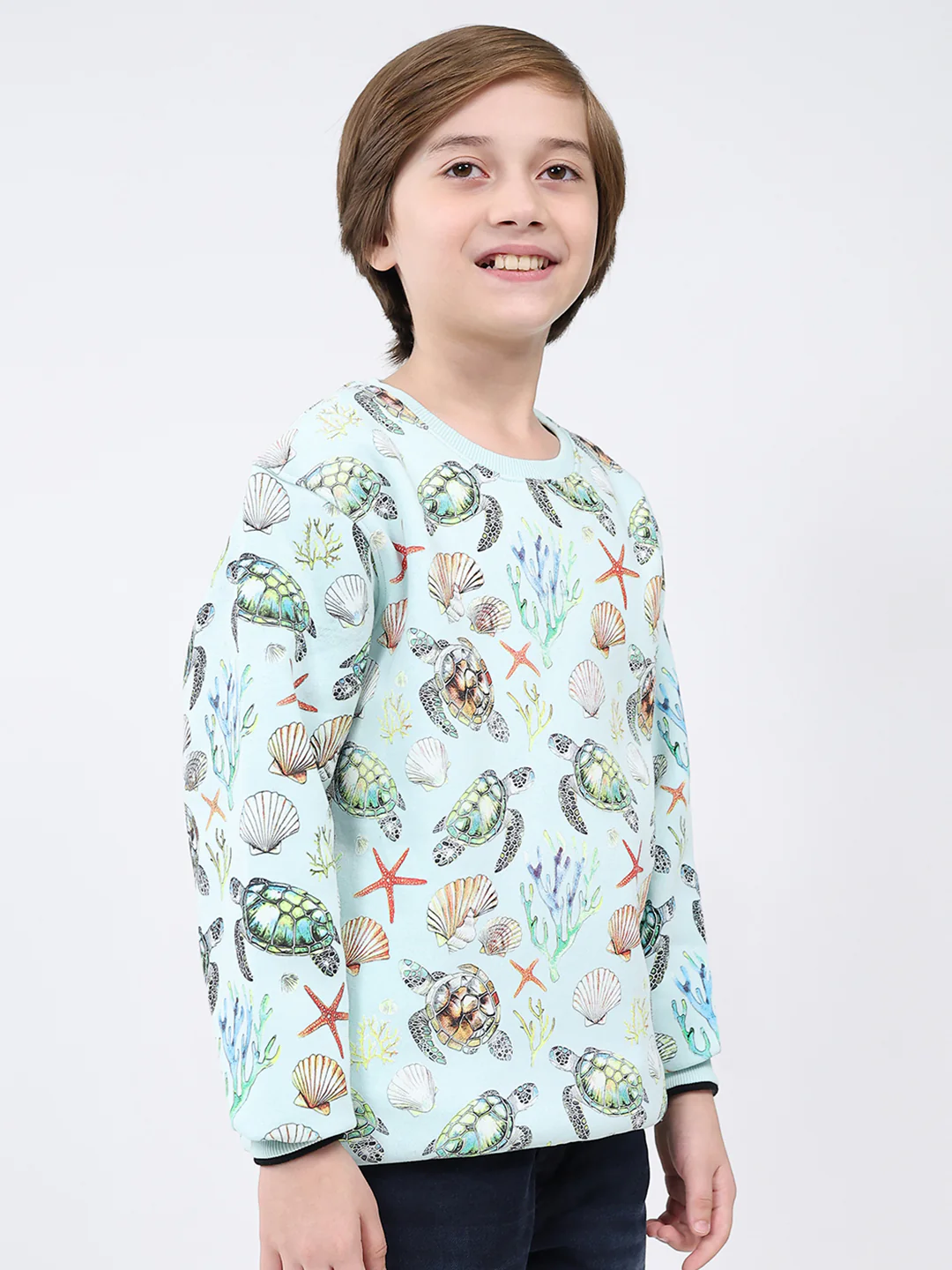 Boys Blue Printed Round Neck Full Sleeve Sweatshirt - Image 4
