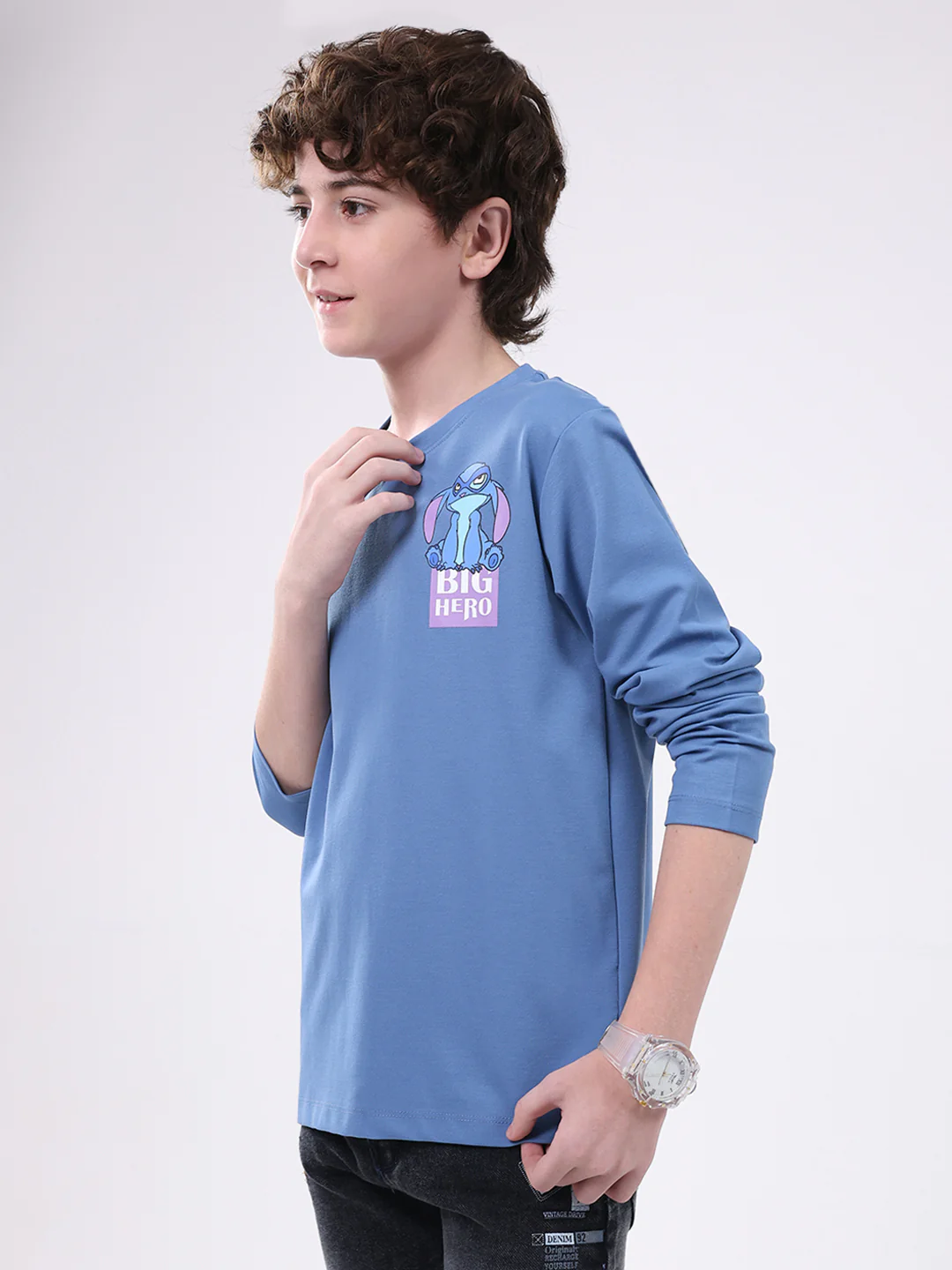 Boys Blue Printed Round Neck Full Sleeve Winter T-Shirt - Image 3