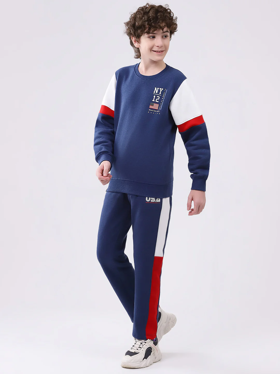 Boys Blue Printed Round Neck Full Sleeve Winter Tracksuit - Image 3