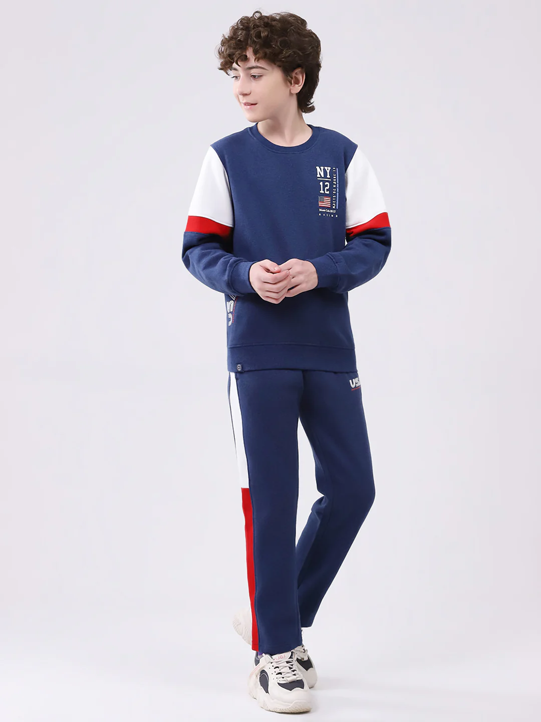 Boys Blue Printed Round Neck Full Sleeve Winter Tracksuit - Image 4