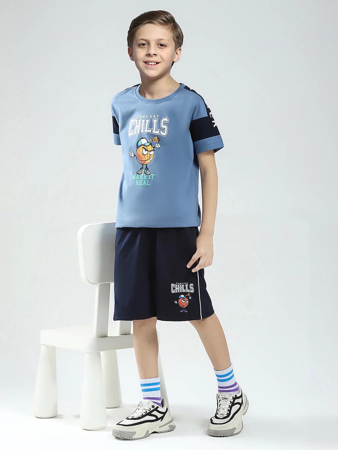 Boys Blue Printed Round Neck Half Sleeve Bermuda Set - Image 2