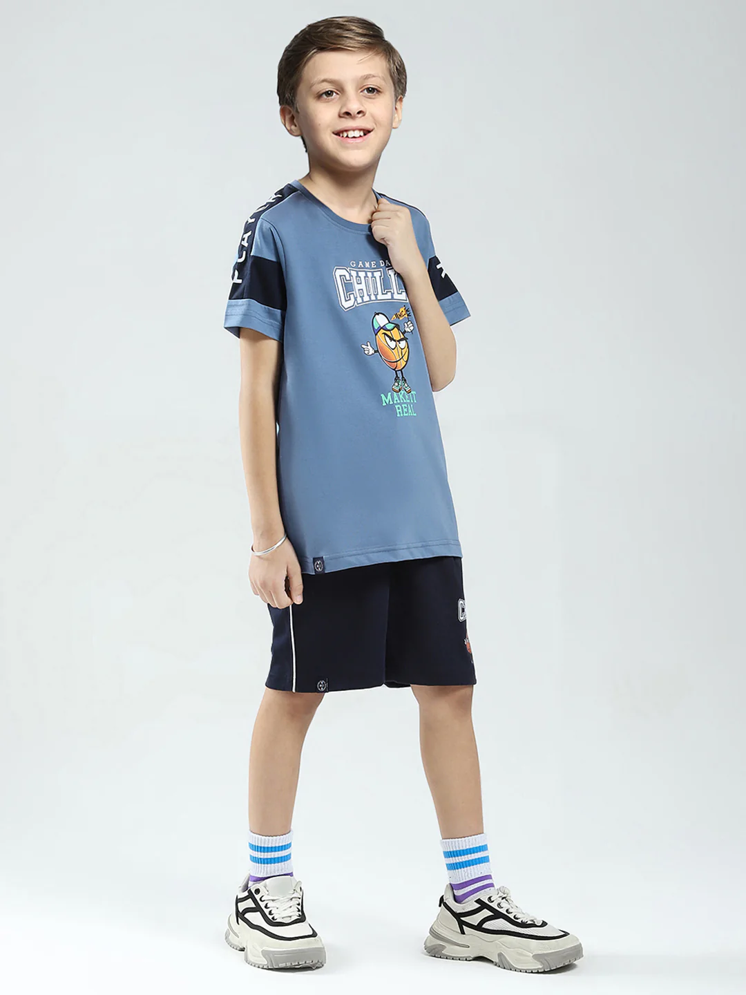 Boys Blue Printed Round Neck Half Sleeve Bermuda Set - Image 4