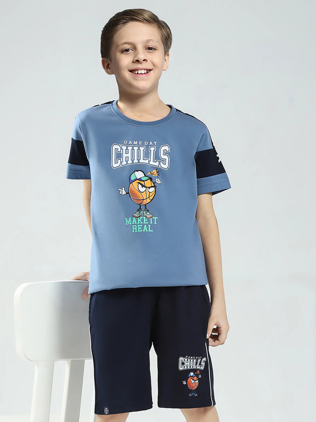 Boys Blue Printed Round Neck Half Sleeve Bermuda Set - Image 6