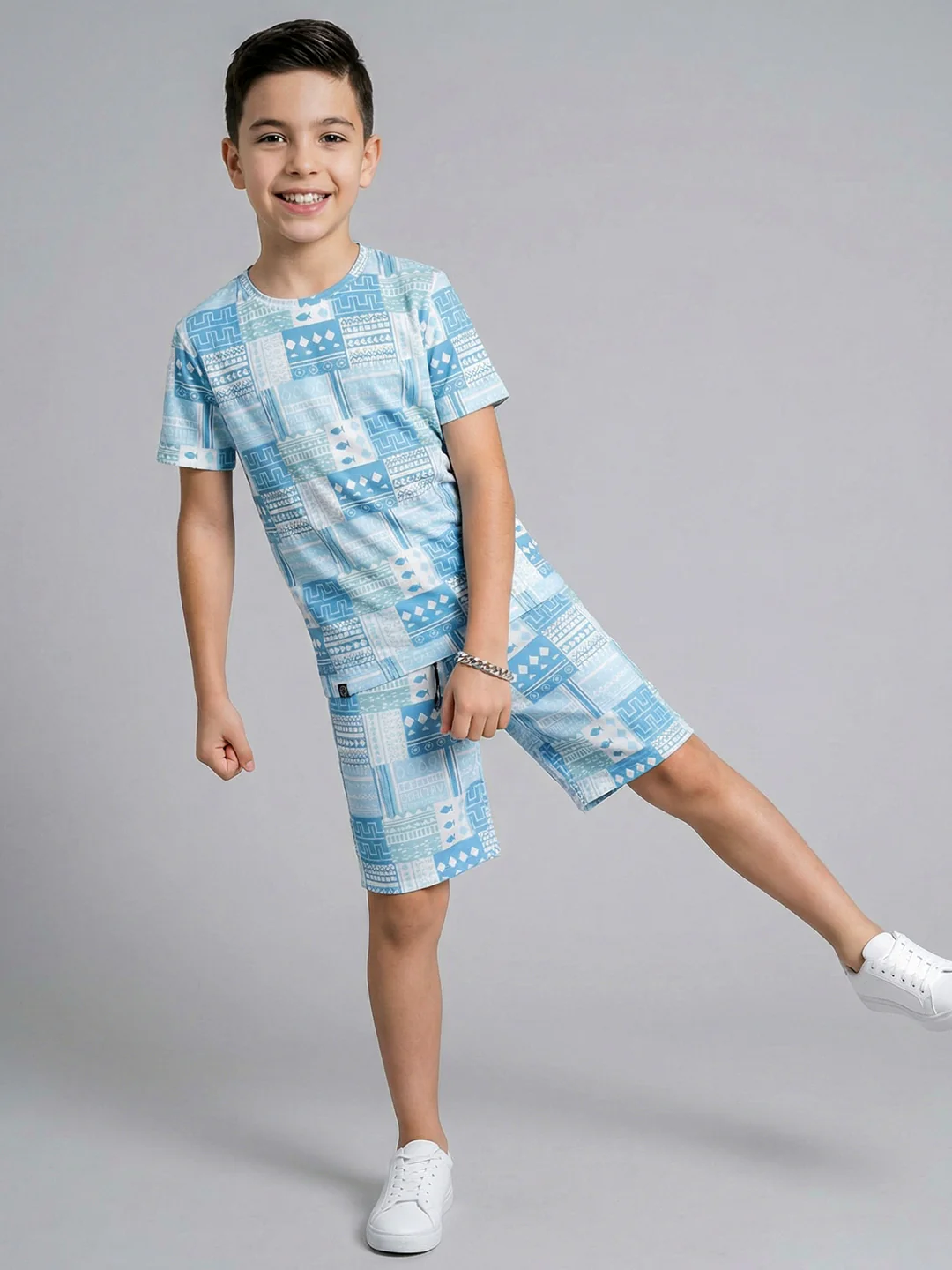 Boys Blue Printed Round Neck Half Sleeve Cords Set - Image 3