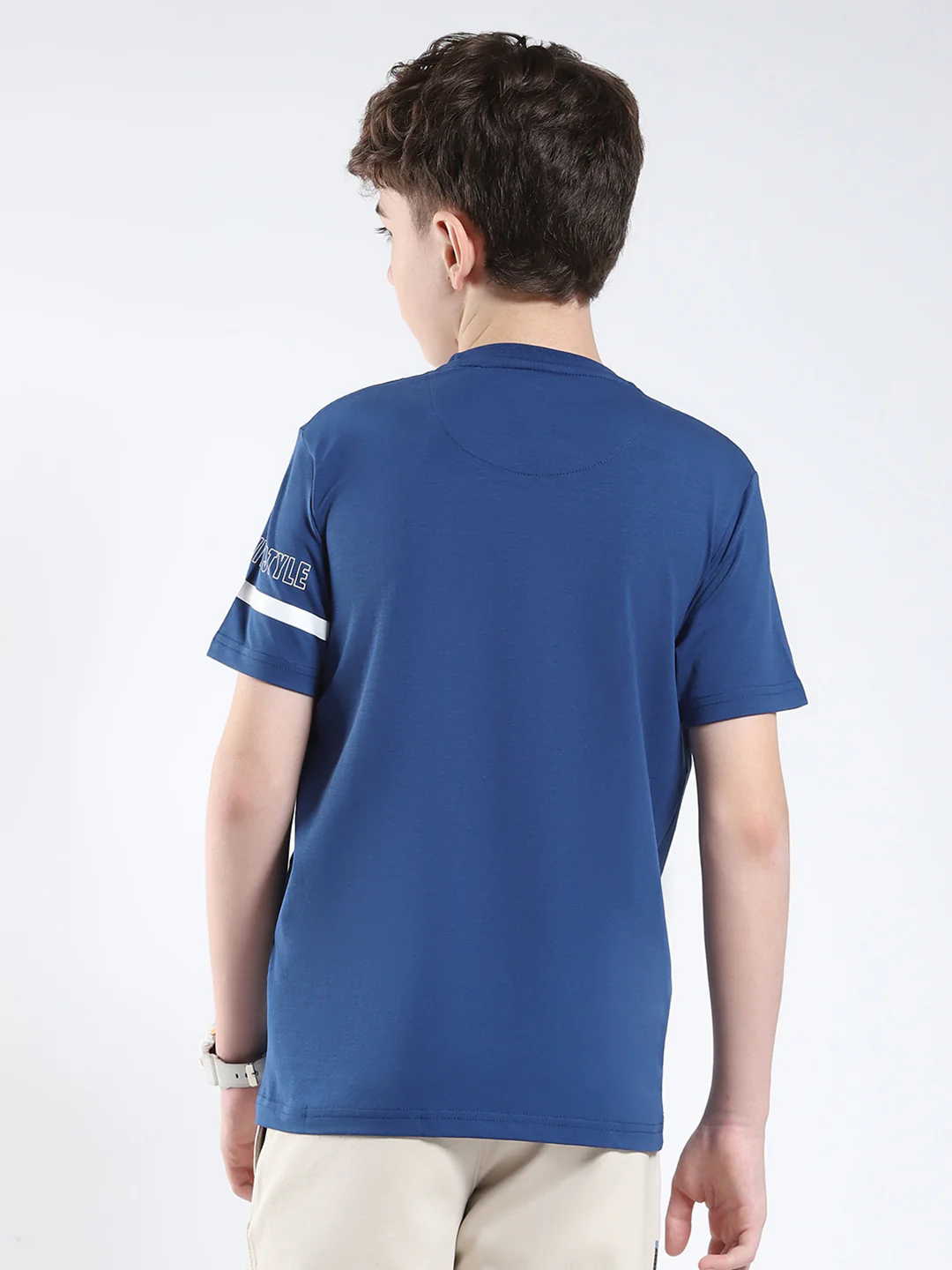 Boys Blue Printed Round Neck Half Sleeve T-Shirt - Image 5