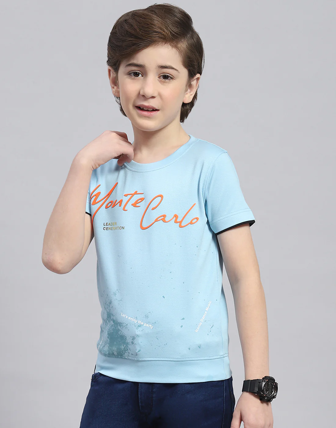 Boys Blue Printed Round Neck Half Sleeve T-Shirt - Image 3