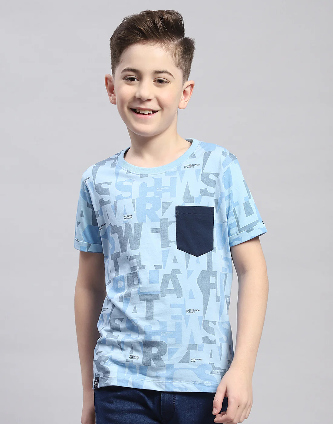 Boys Blue Printed Round Neck Half Sleeve T-Shirt - Image 2