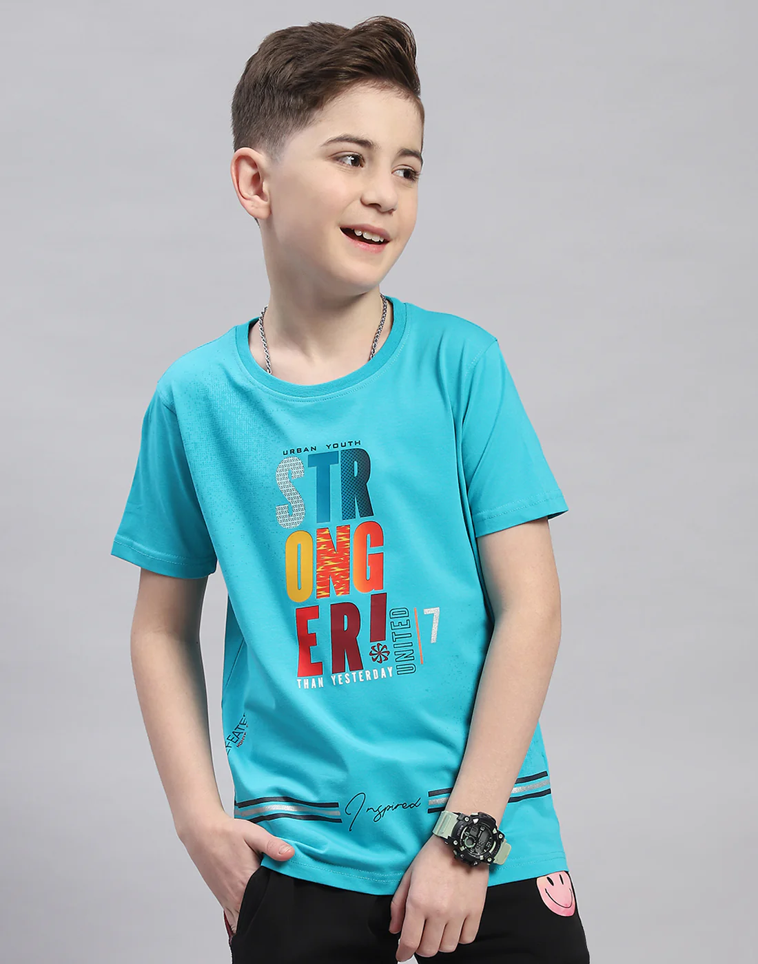 Boys Blue Printed Round Neck Half Sleeve T-Shirt - Image 2