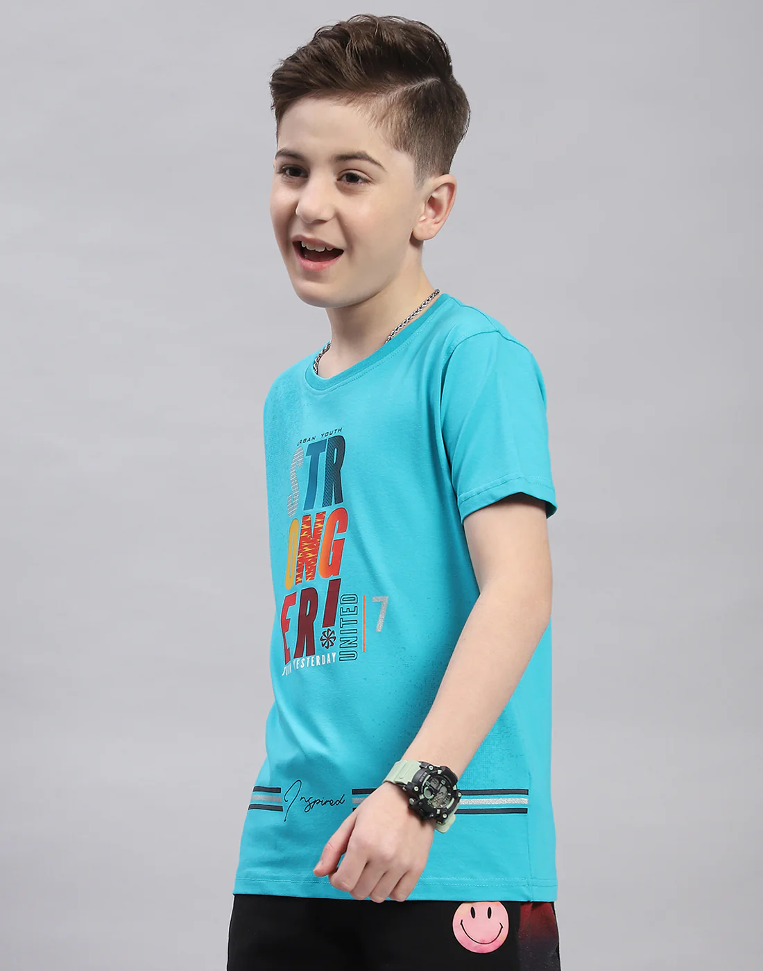 Boys Blue Printed Round Neck Half Sleeve T-Shirt - Image 3