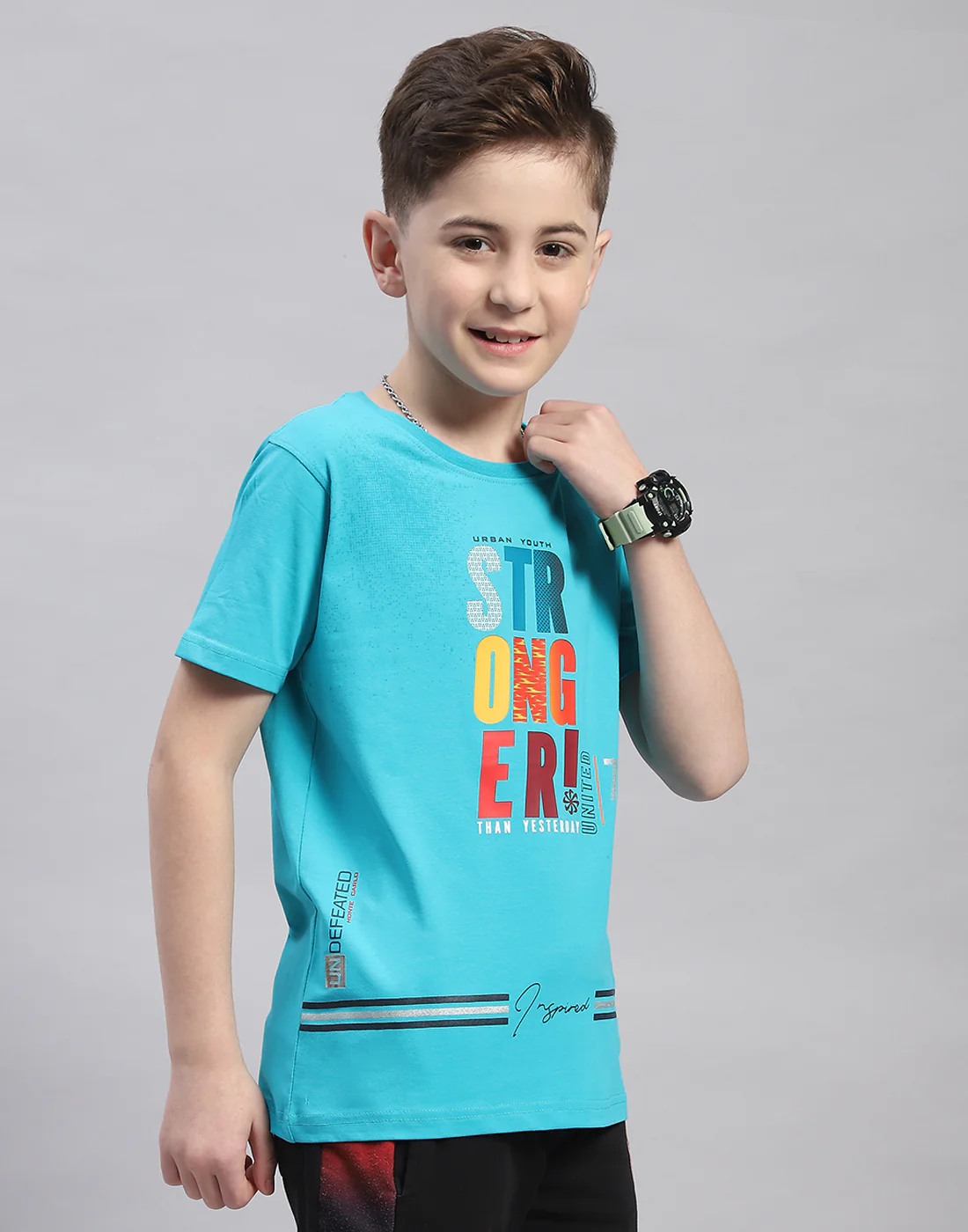 Boys Blue Printed Round Neck Half Sleeve T-Shirt - Image 4