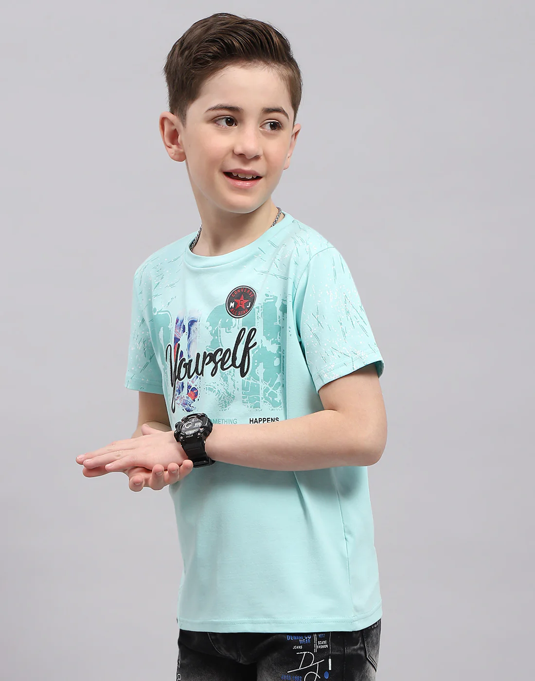 Boys Blue Printed Round Neck Half Sleeve T-Shirt - Image 3