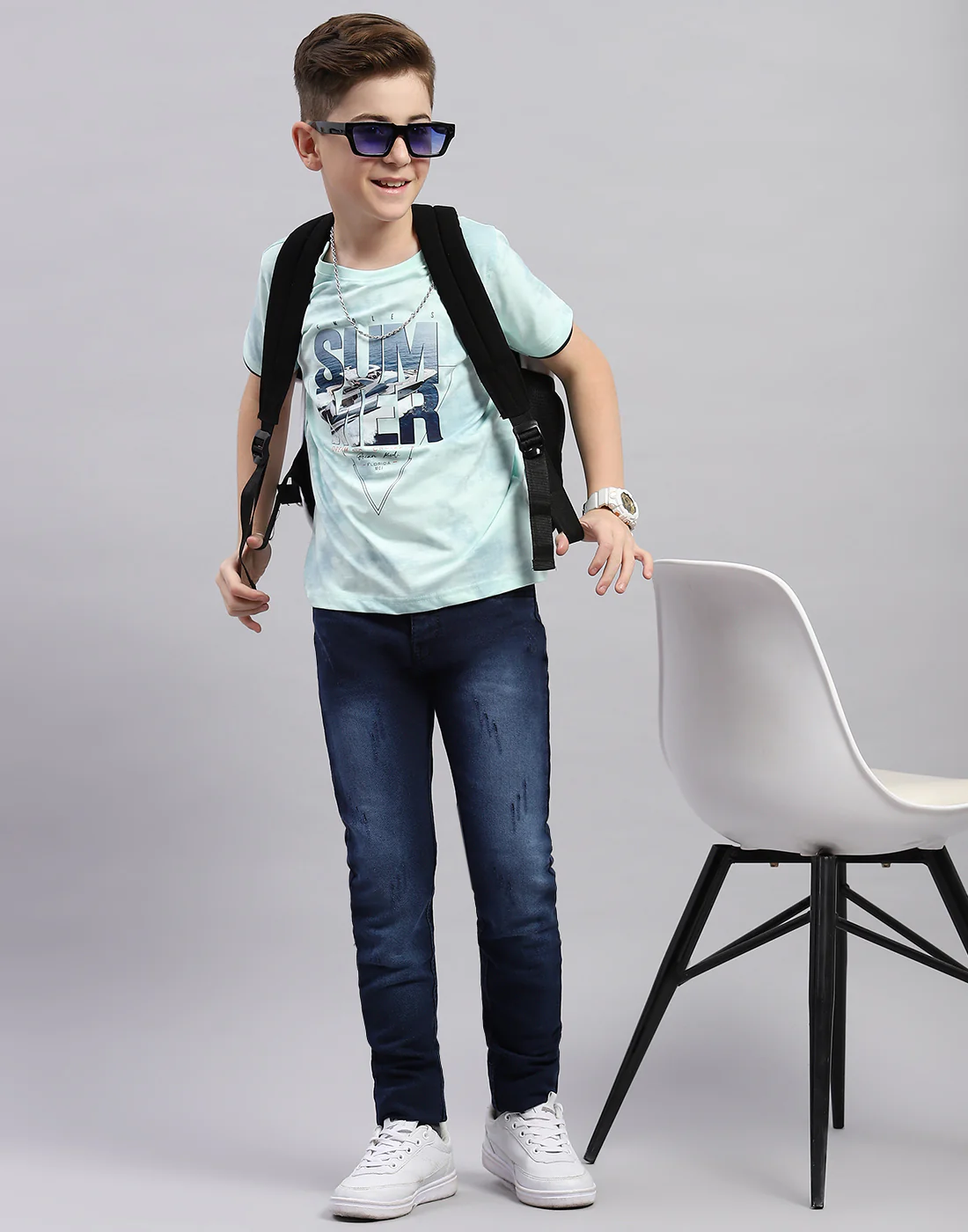Boys Blue Printed Round Neck Half Sleeve T-Shirt - Image 2