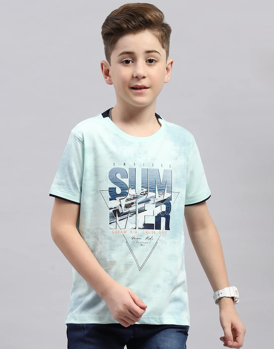 Boys Blue Printed Round Neck Half Sleeve T-Shirt - Image 3
